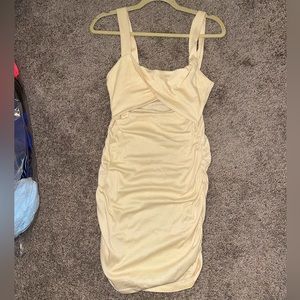 Beige ruched mini dress
